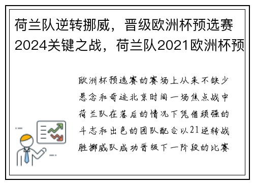 荷兰队逆转挪威，晋级欧洲杯预选赛2024关键之战，荷兰队2021欧洲杯预选赛成绩