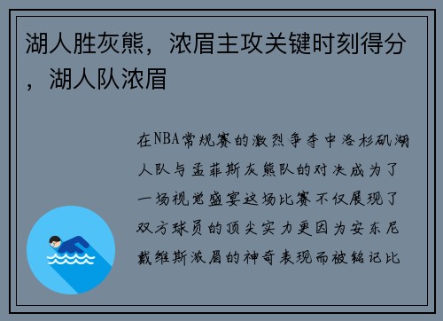 湖人胜灰熊，浓眉主攻关键时刻得分，湖人队浓眉