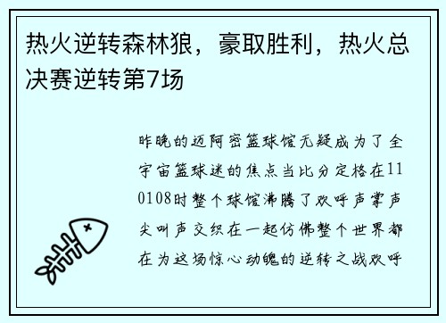 热火逆转森林狼，豪取胜利，热火总决赛逆转第7场